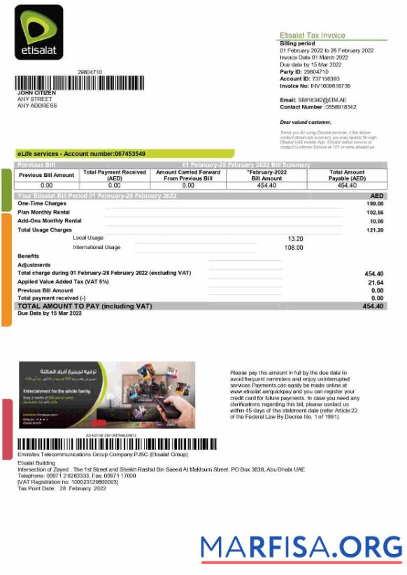 Blank UAE Etisalat utility bill template in Word and PDF format